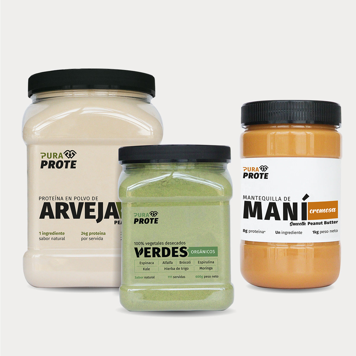 Coleccion vegana Pura Prote con proteina de arveja organica, verdes organicos y mantequilla de mani