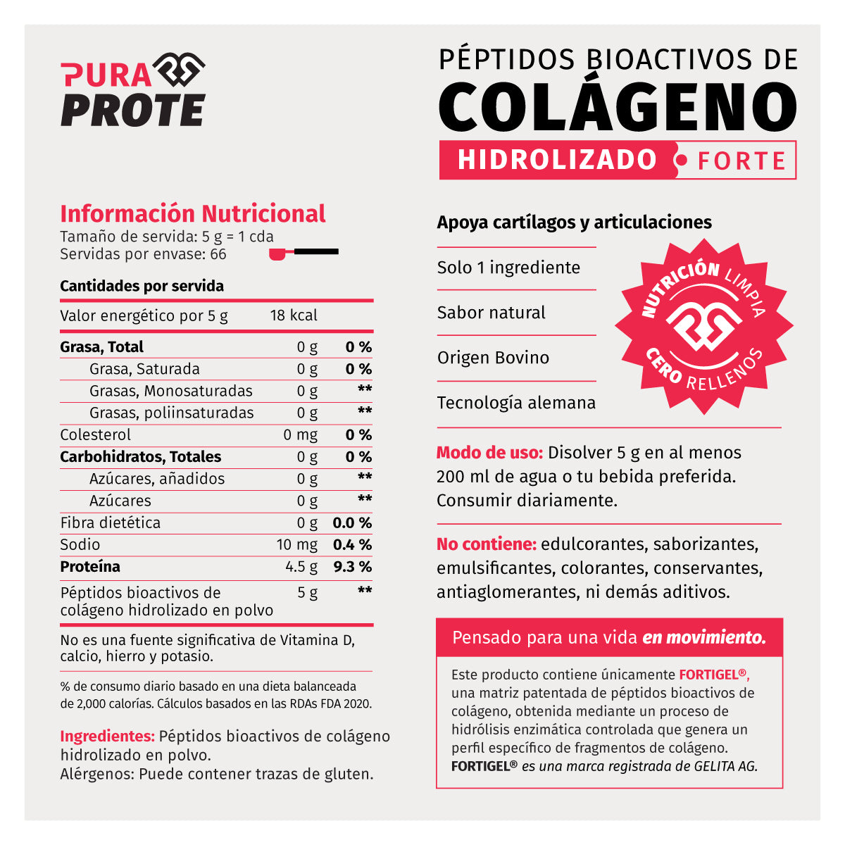 imagen de informacion nutricional y beneficios de colageno forte pura prote