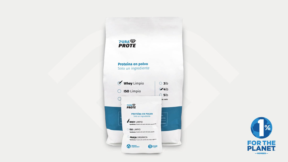 Bolsas de proteína en polvo Pura Prote en empaque compostable, con el sello 1% for the Planet