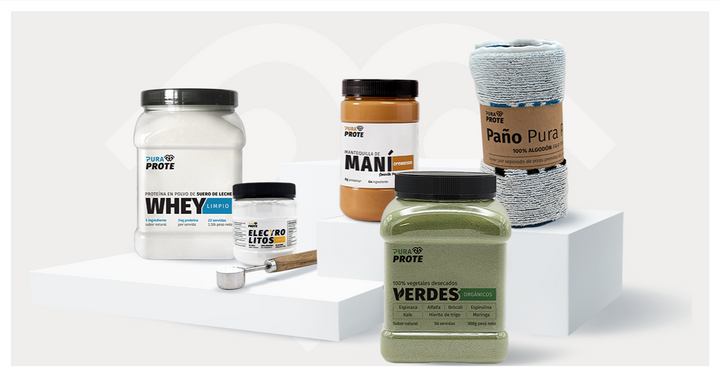 Línea de productos Pura Prote: proteína whey, electrolitos, mantequilla de maní, verdes orgánicos y paño de algodón