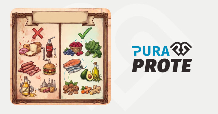 Ilustración comparando alimentos que inflaman (ultraprocesados) y alimentos que desinflaman (vegetales, pescado, frutos secos)
