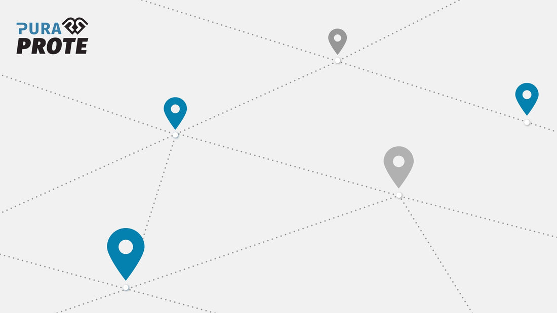 Mapa esquemático con pines de ubicación conectados por líneas punteadas, representando una cadena de abasto