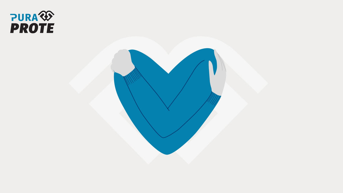 Ilustración de un corazón azul formado por dos manos abrazándose, símbolo de amor propio