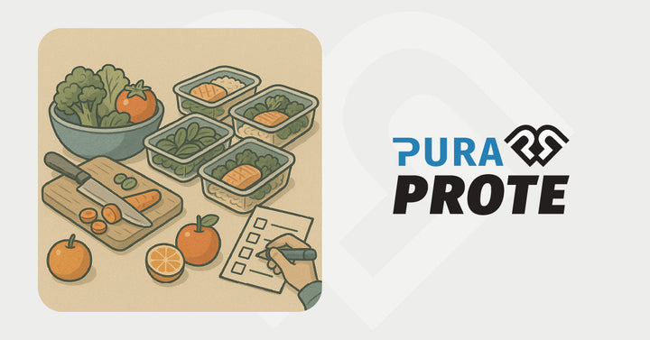 Ilustración de recipientes de meal prep con vegetales, tabla de cortar y una lista de tareas