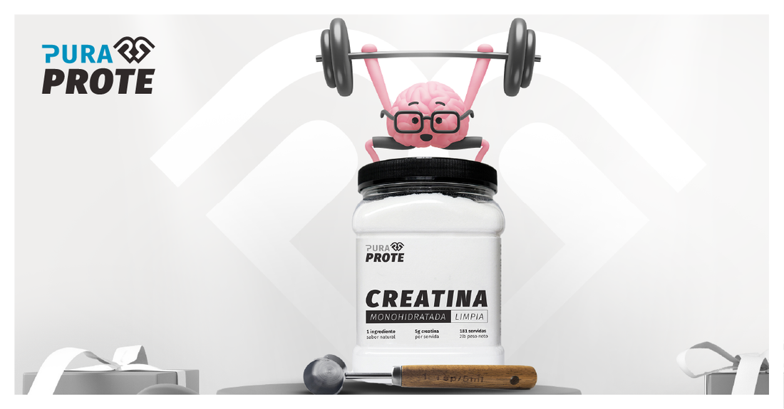 Frasco de Creatina Monohidratada Limpia Pura Prote con una ilustración de un cerebro con lentes levantando pesas