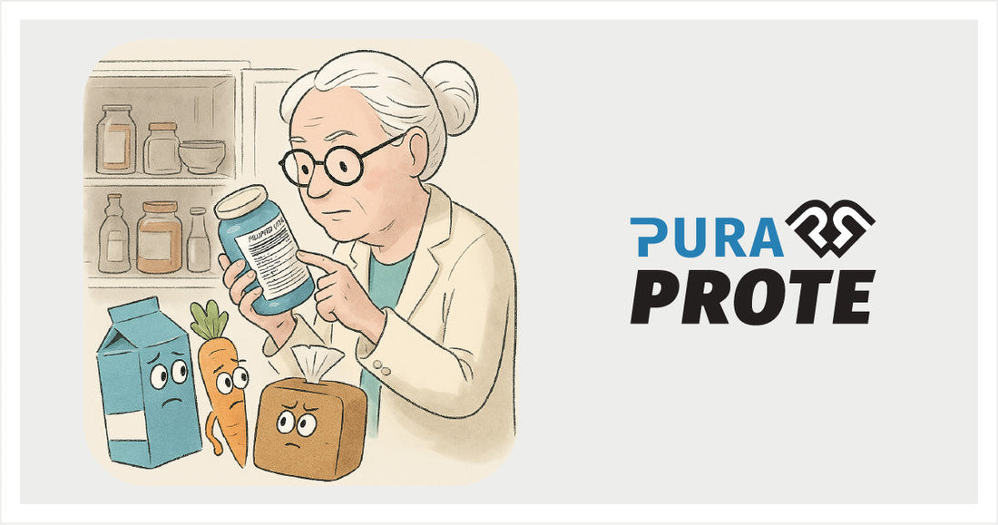 Ilustración de una mujer con bata examinando la etiqueta de un suplemento, junto a personajes de alimentos con expresión preocupada