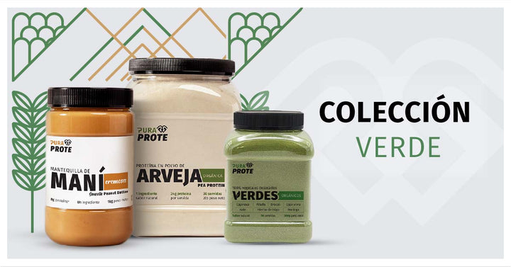 Banner de la Colección Verde de Pura Prote con mantequilla de maní, proteína de arveja orgánica y verdes orgánicos