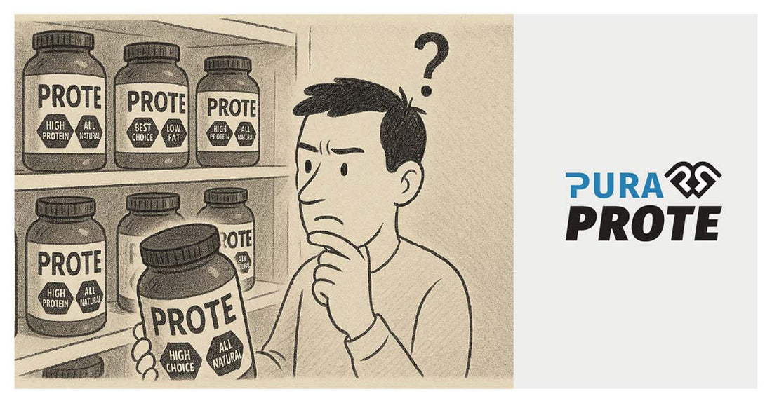 Ilustración de un hombre confundido mirando un estante de frascos de proteína genéricos, con un signo de interrogación sobre su cabeza