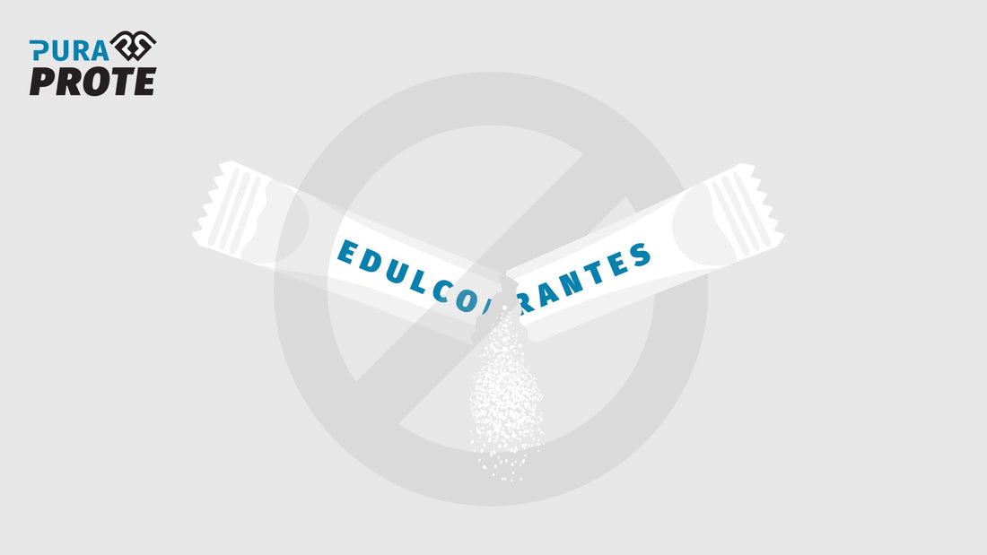 Ilustración de un sobre de edulcorante partido con un símbolo de prohibido superpuesto