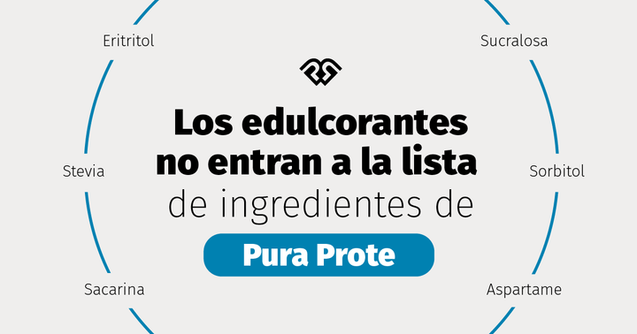 Diagrama circular con nombres de edulcorantes comunes alrededor del texto 'Los edulcorantes no entran a la lista de ingredientes de Pura Prote'