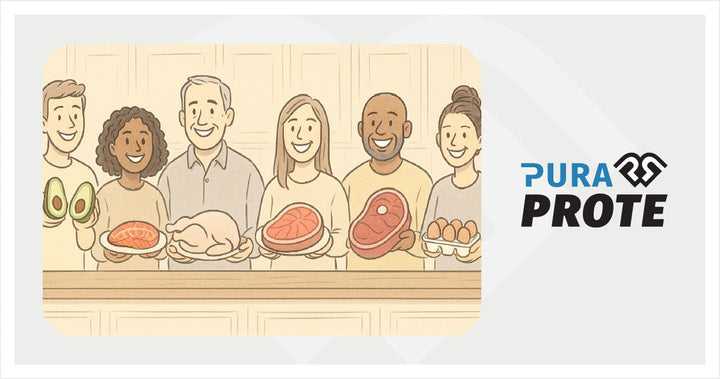 Ilustración de un grupo diverso de personas sosteniendo distintas fuentes de proteína: aguacate, salmón, pollo, res, jamón y huevos