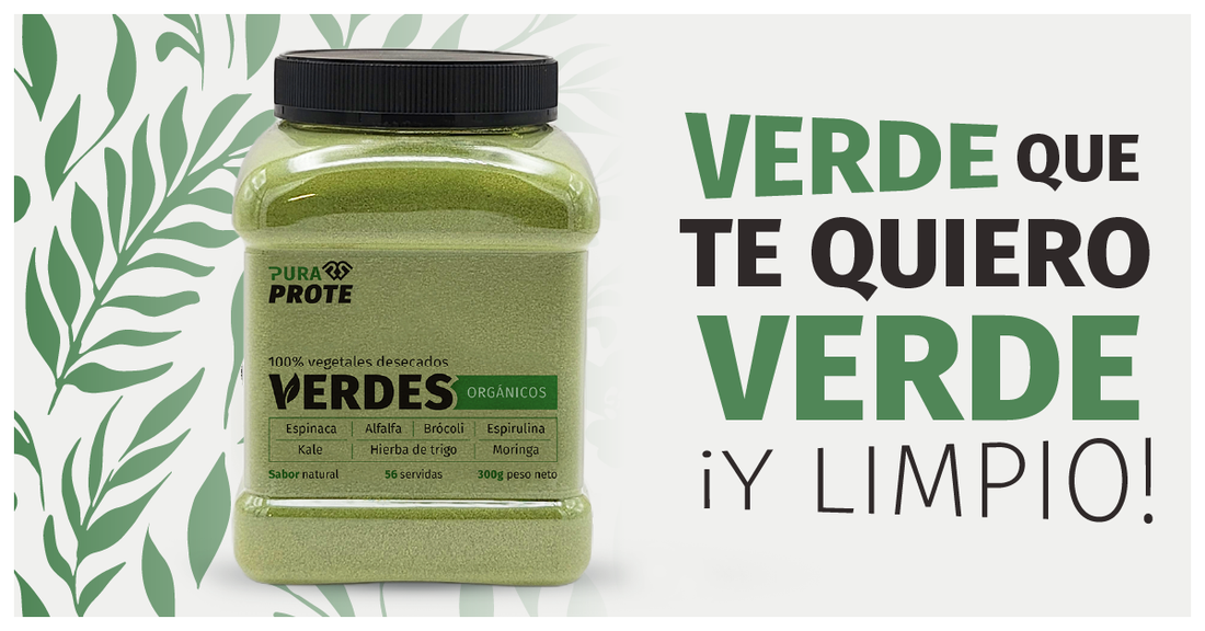 Frasco de Verdes Orgánicos Pura Prote junto al texto 'Verde que te quiero verde ¡y limpio!'