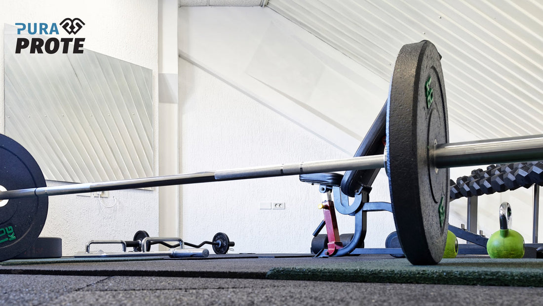 Fotografía de un banco de pesas con barra y mancuernas en un gimnasio