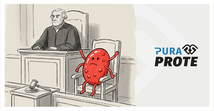 Ilustración de un personaje rojo con forma de frijol sentado frente a un juez en una sala de tribunal