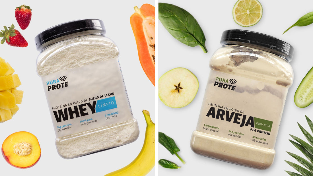 Frascos de proteína Whey Limpio y Arveja Orgánica Pura Prote junto a frutas y vegetales frescos