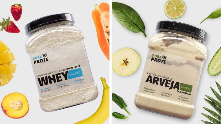 Frascos de proteína Whey Limpio y Arveja Orgánica Pura Prote junto a frutas y vegetales frescos