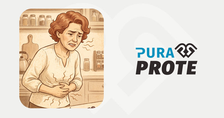 Ilustración de una mujer en la cocina sosteniéndose el abdomen con expresión de malestar