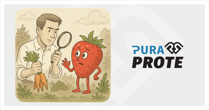 Ilustración de un hombre examinando con lupa a un personaje con forma de fresa, sosteniendo zanahorias