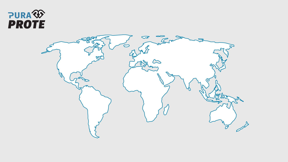 Ilustración de un mapa mundial en contorno azul sobre fondo gris