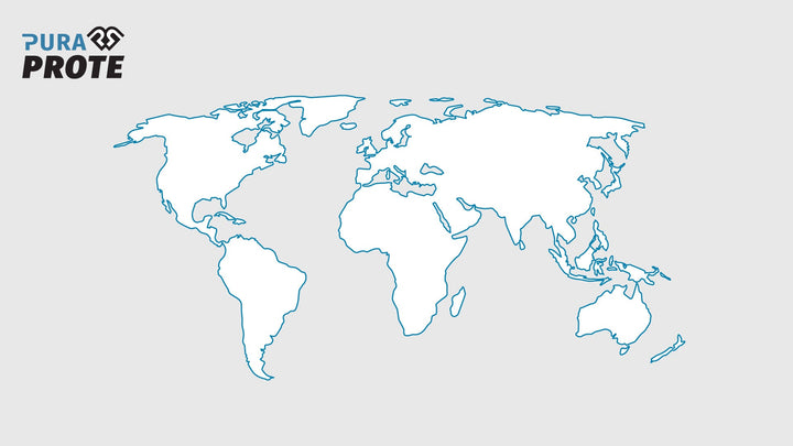 Ilustración de un mapa mundial en contorno azul sobre fondo gris