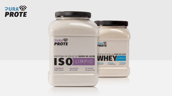 Dos frascos de proteína Pura Prote uno junto al otro: ISO Limpio y Whey Limpio