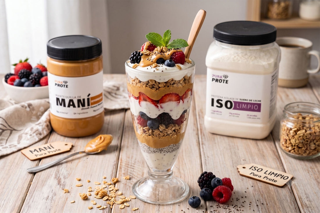 Parfait Proteico de Maní y Frutos Rojos, receta con proteína whey/ISO y mantequilla de maní Pura Prote