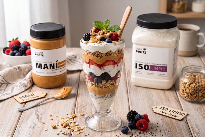 Parfait Proteico de Maní y Frutos Rojos, receta con proteína whey/ISO y mantequilla de maní Pura Prote