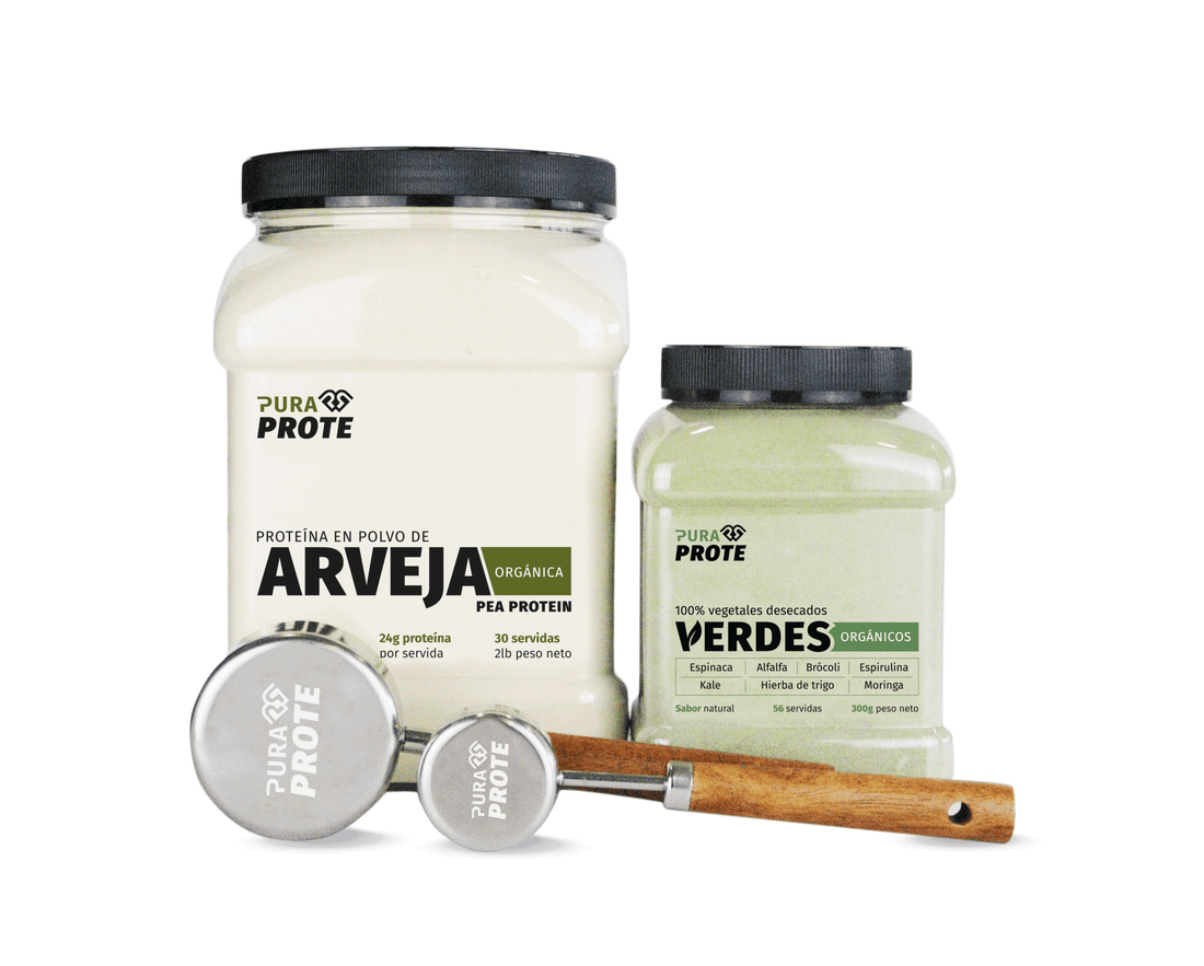 imagen con tarro de arveja orgánica, verdes orgánicos y scoops pura prote
