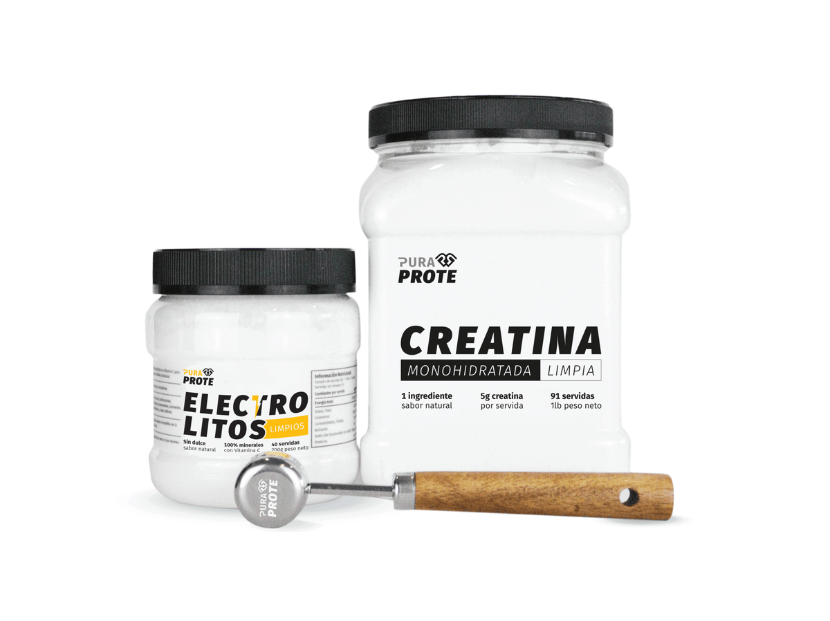 montaje de electrolitos, creatina y scoop pura prote