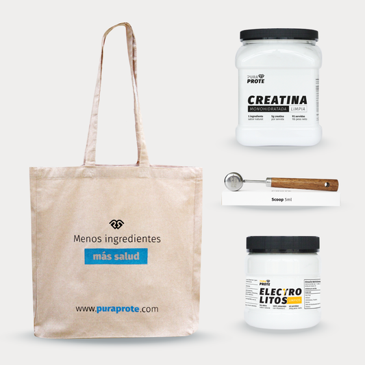 imagen con los productos que compone el combo impulso diario con creatina, electrolitos, scoop y tote bag 
