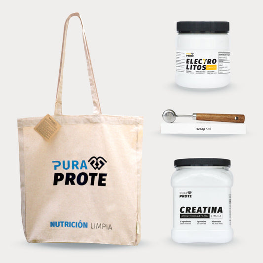 imagen con los productos que compone el combo impulso diario con creatina, electrolitos, scoop y tote bag