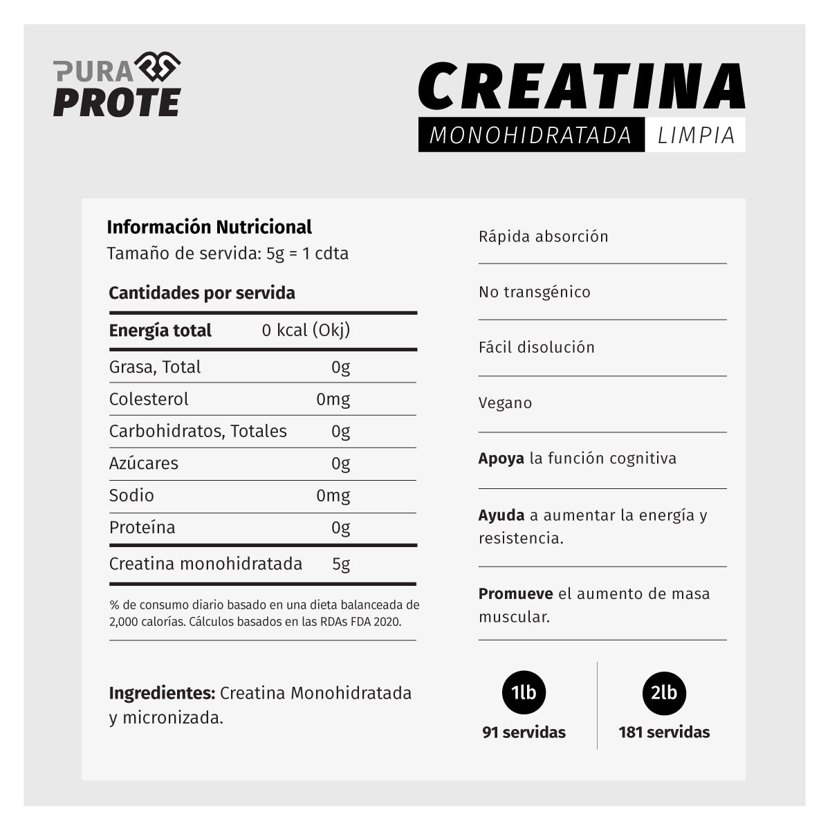 imagen con tabla nutricional de la creatina limpia