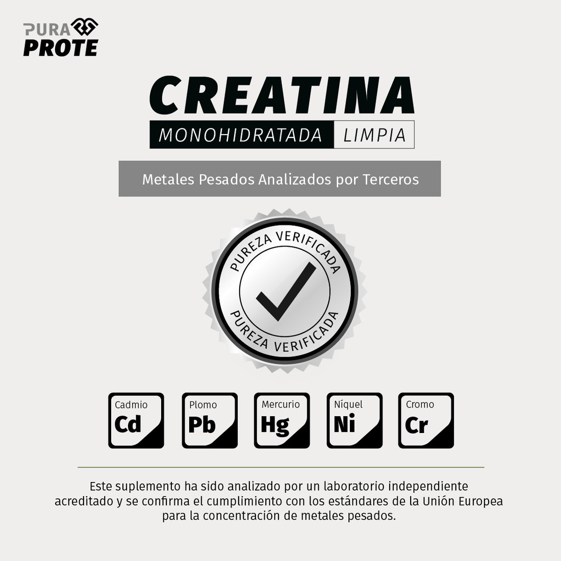 Imagen que certifica la pureza de la creatina limpia frente a metales pesados mediante verificación de laboratorios independientes