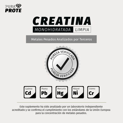 Imagen que certifica la pureza de la creatina limpia frente a metales pesados mediante verificación de laboratorios independientes