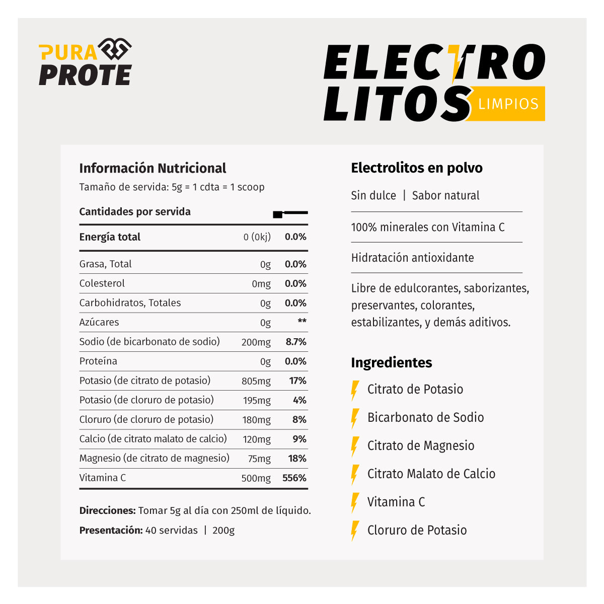 imagen con informacion nutricional e ingredientes de los electrolitos limpios pura prote