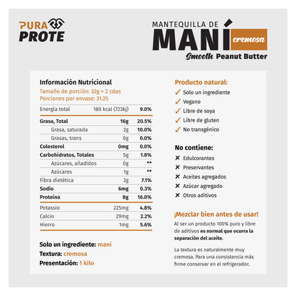 imagen con tabla nutricional de la mantequilla de mani pura prote