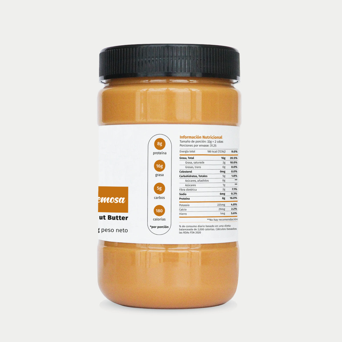 imagen lateral derecha del tarro de mantequilla de maní, con la tabla nutricional