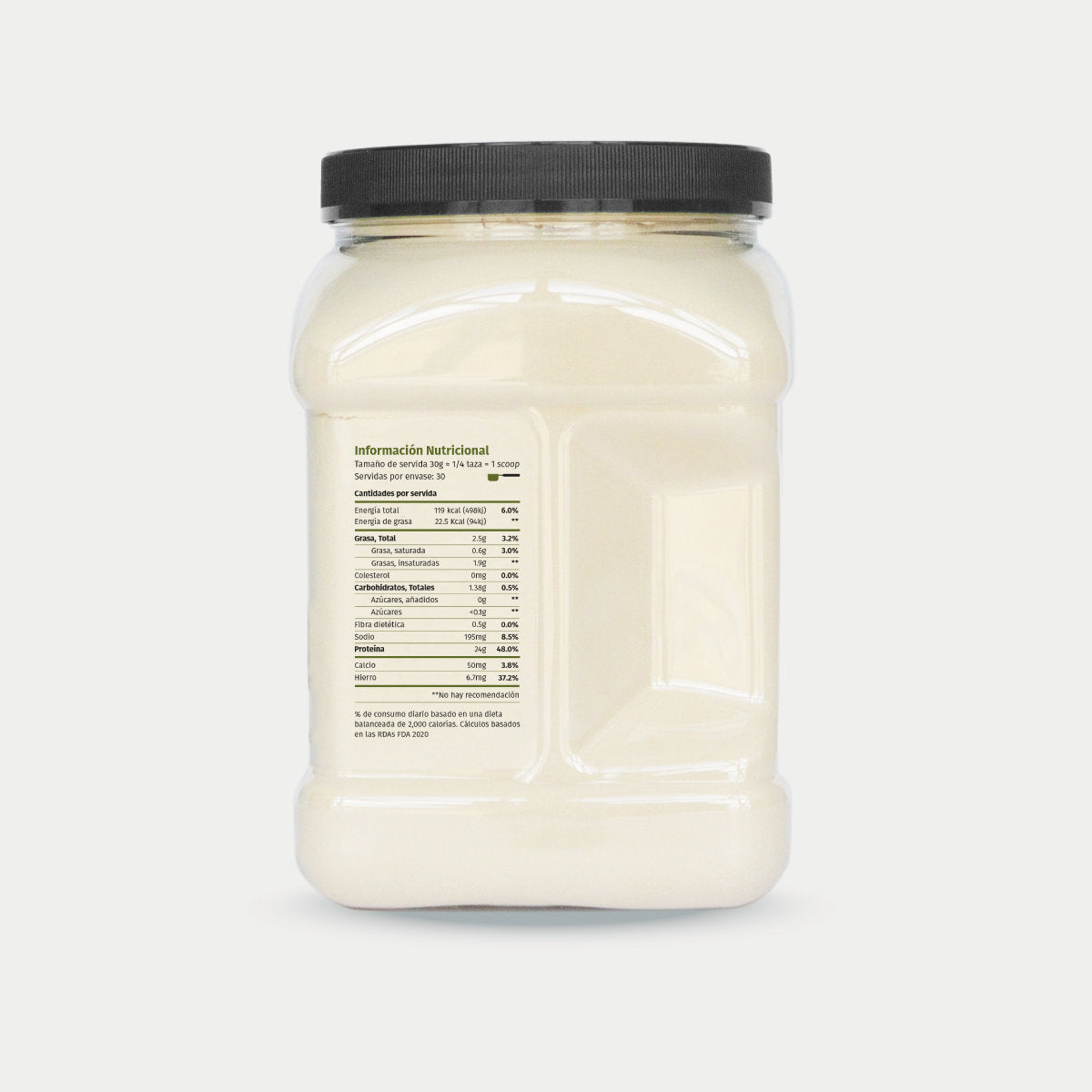 imagen de lateral derecho de tarro de proteina de arveja organica con tabla nutricional