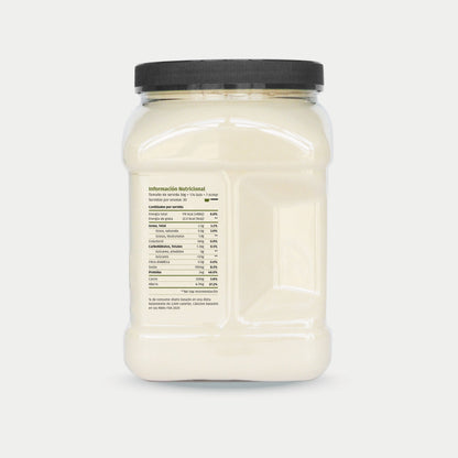 imagen de lateral derecho de tarro de proteina de arveja organica con tabla nutricional