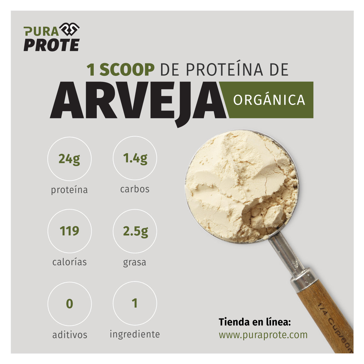 imagen con scoop de proteina de arveja organica y datos nutricionales