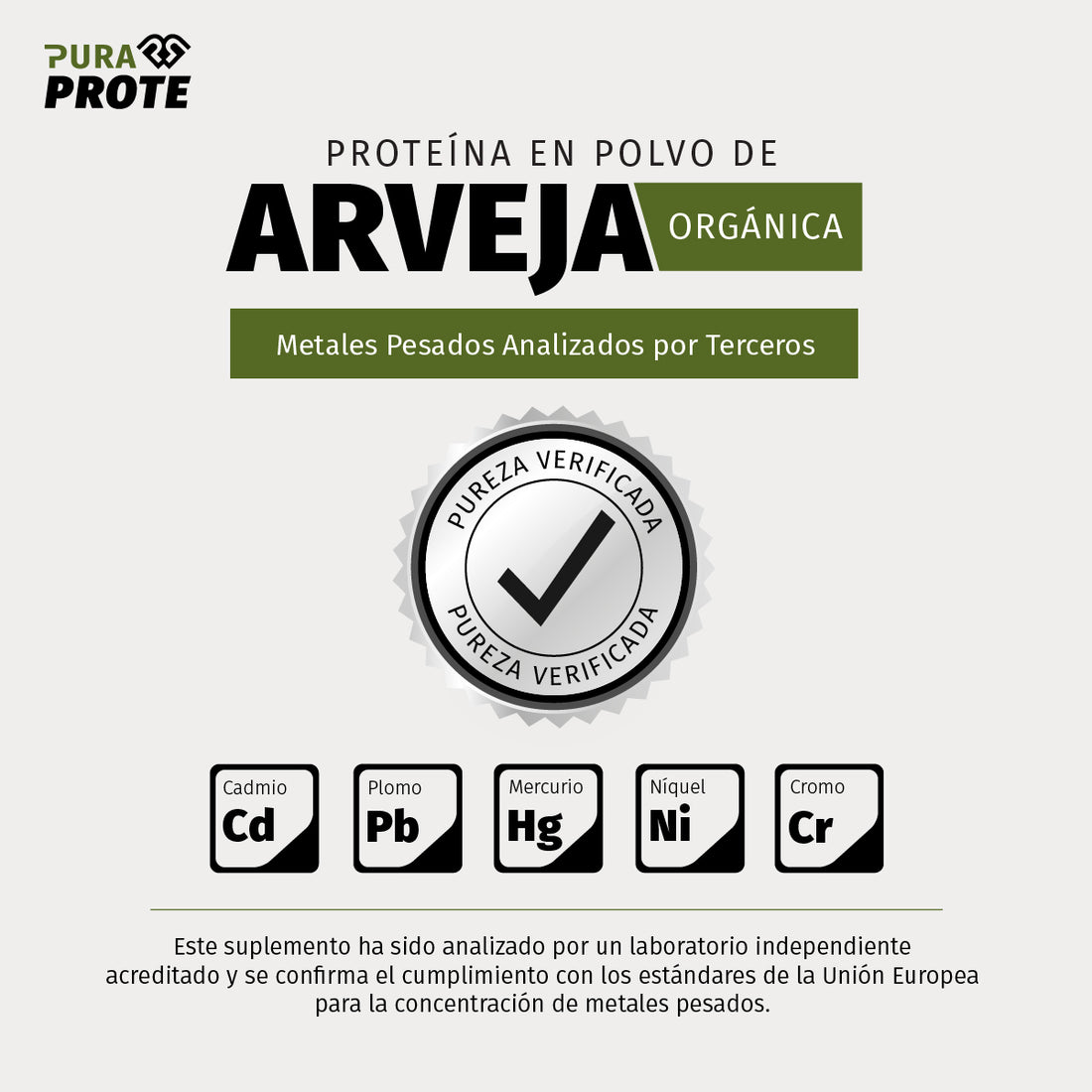 Imagen que certifica la pureza de la arveja orgánica frente a metales pesados mediante verificación de laboratorios independientes