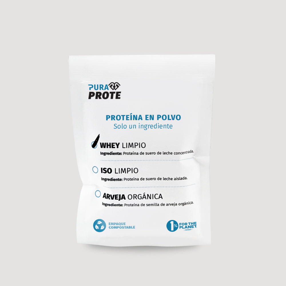 imagen frontal de un sachet de whey limpio
