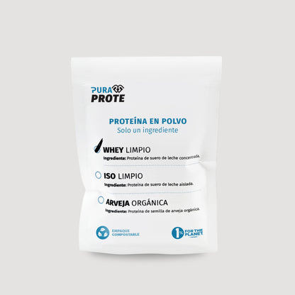 imagen frontal de un sachet de whey limpio