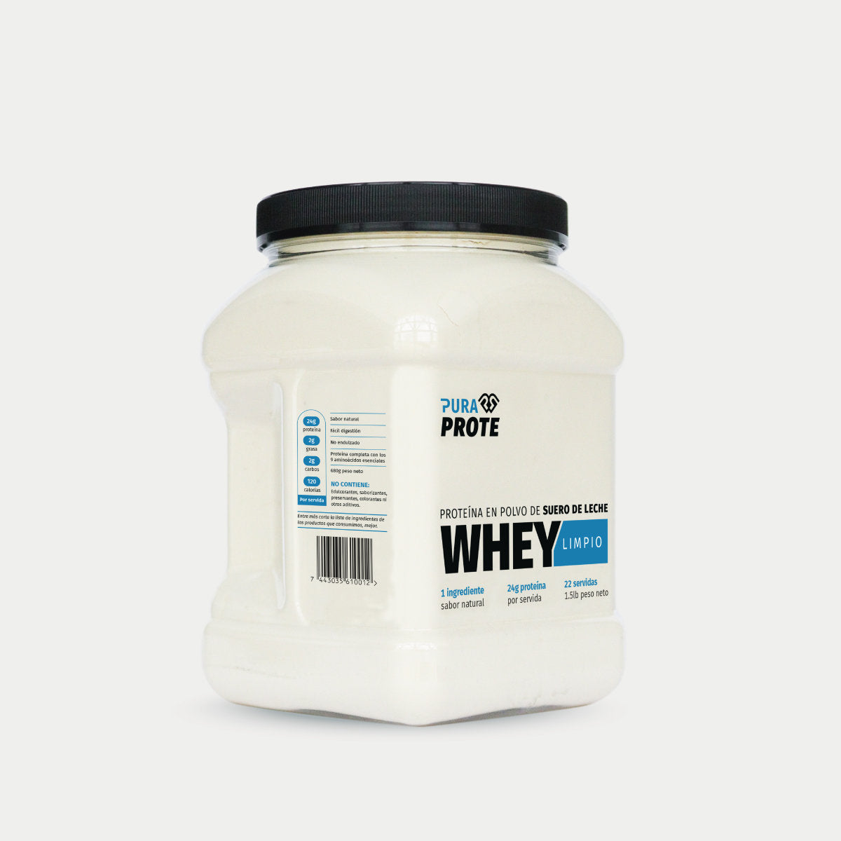 imagen con perspectiva esquinera de un tarro whey limpio de 22 porciones, se ve el codigo de barras