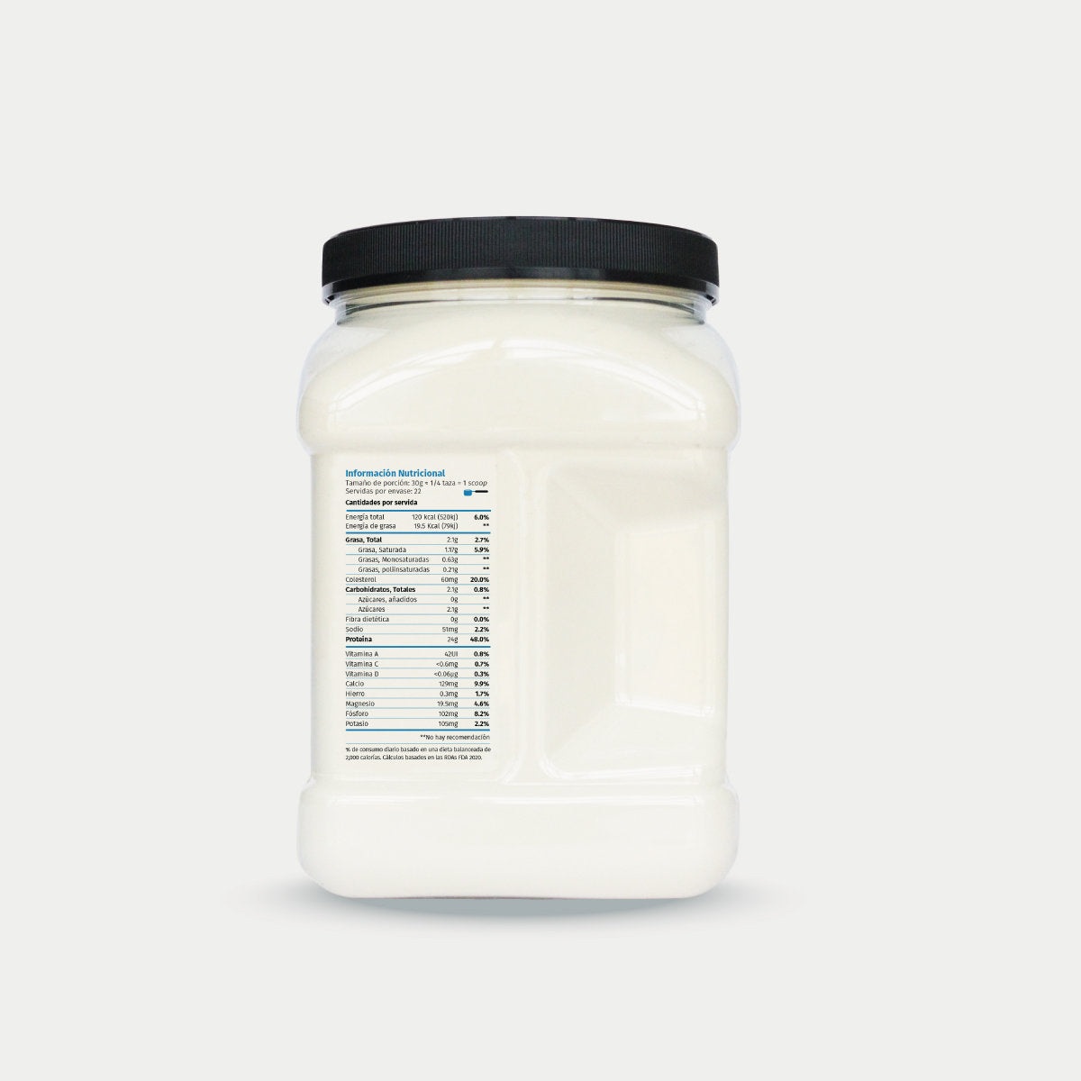 imagen lateral derecho de un tarro de proteina whey limpio con tabla nutricional