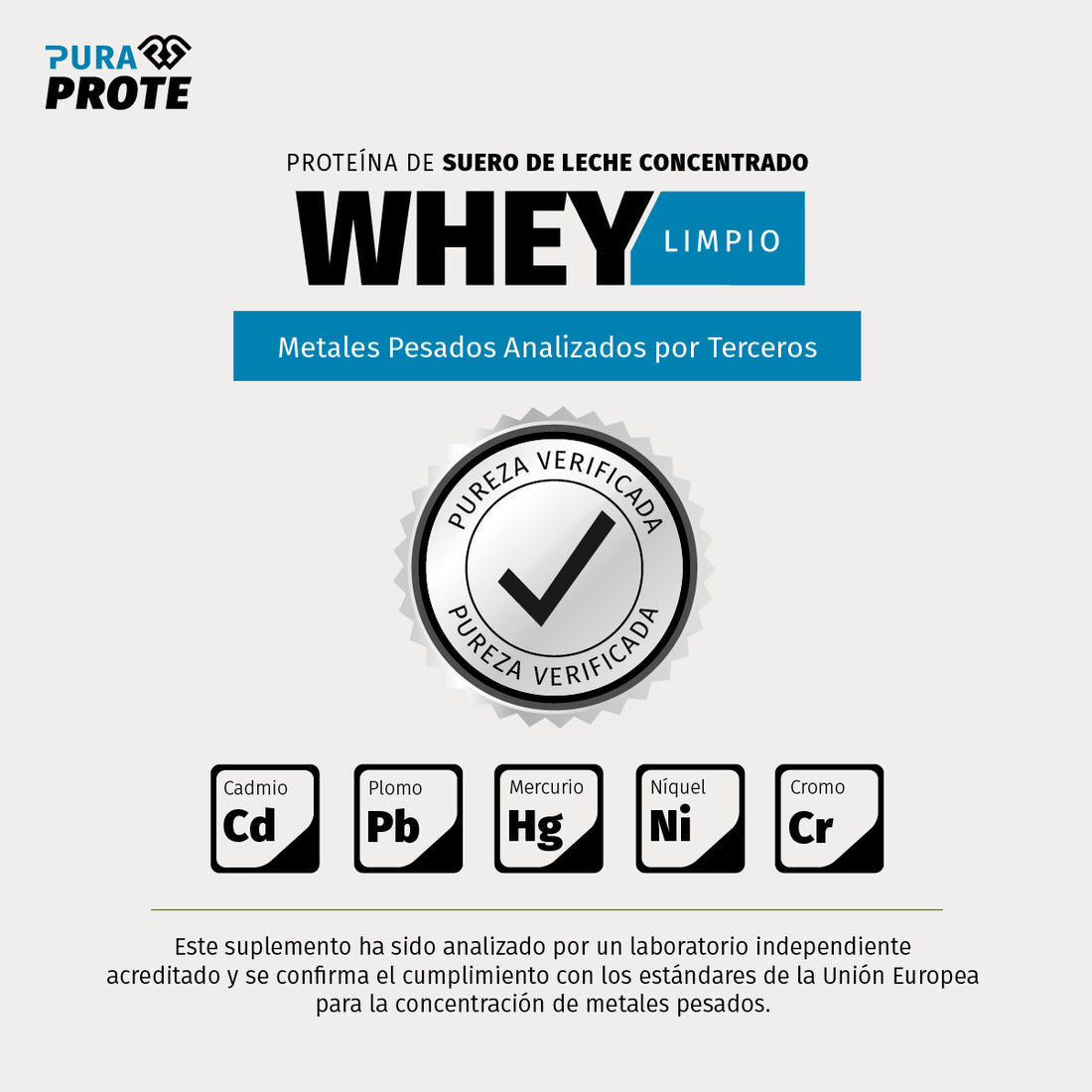 Imagen que certifica la pureza de la proteína Whey Limpio frente a metales pesados mediante verificación de laboratorios independientes