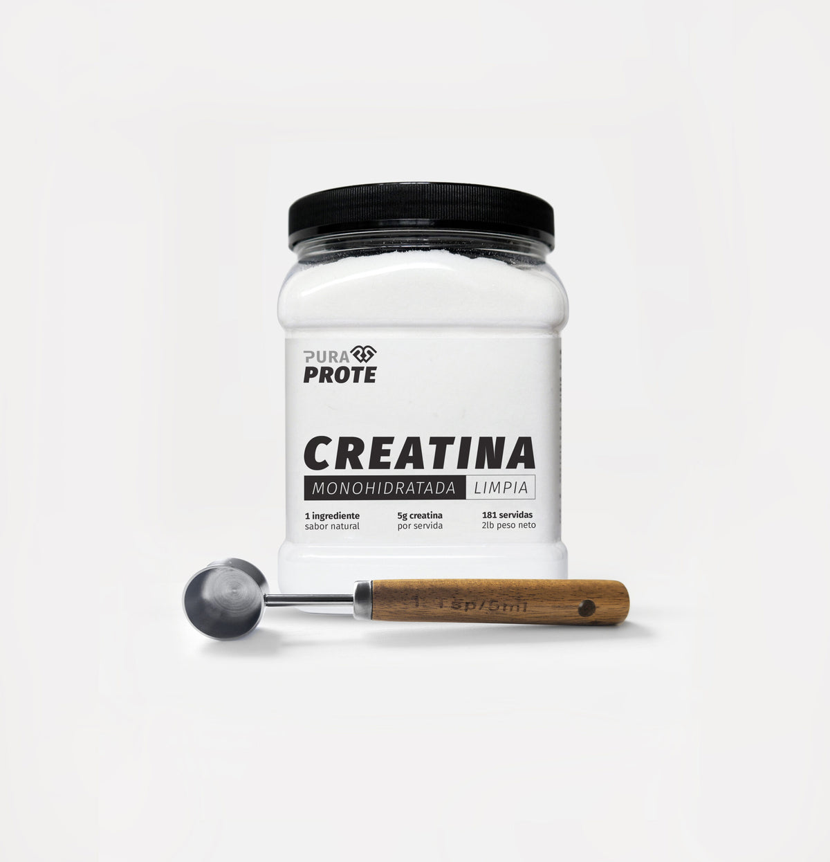 vista frontal de tarro de creatina limpia y scoop pura prote de 5 ml