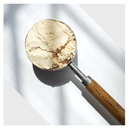 imagen  area del scoop pura prote 60 ml, hecho de puño de madera y acero inoxidable on proteina de arveja