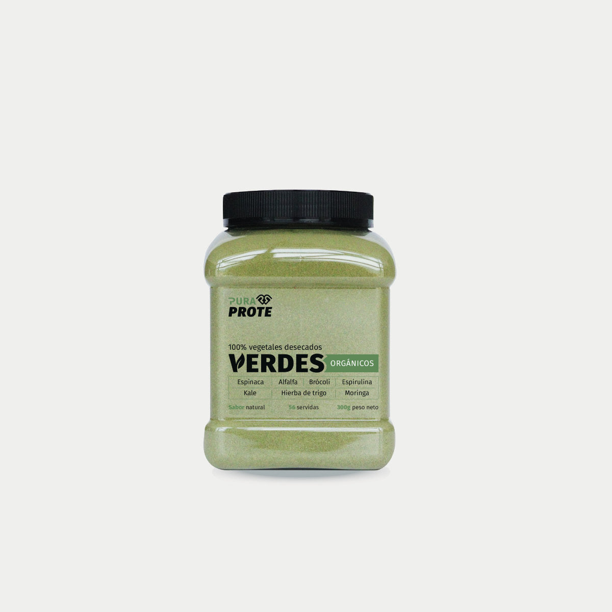 imagen frontal de un tarro de los verdes organicos pura prote 300 gramos