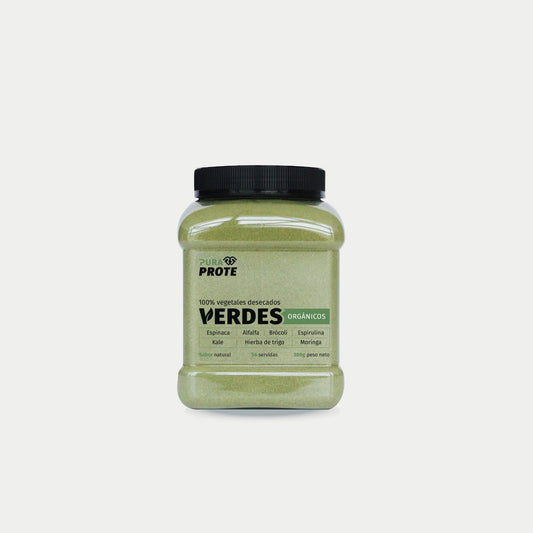 imagen frontal de un tarro de los verdes organicos pura prote 300 gramos